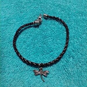 Black braided cord silvertone dragonfly bracelet